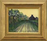 Franklin Edward Morris, Maine Country Road, Oil on masonite scene shows two figures on a road lined with trees walking toward a farmhouse