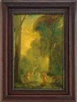 Carl G. Nelson, Moonlit Dance, Oil on canvas scene shows five women dancing around a small fire in a woodland setting under a bright moon