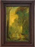 Carl G. Nelson, Moonlit Dance, Oil on canvas scene shows five women dancing around a small fire in a woodland setting under a bright moon