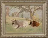 Nelson Augustus Moore, The Restful Cows, Oil on canvas shows to two resting under a large tree in a colorful landscape