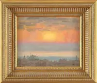 Sunset Over Cityscape by Nelson Augustus Moore, Colorful oil on canvas scene shows a bright sunset in yellow, gold, pink and blue over a silhouetted cityscape, sold Feb 2007