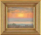 Nelson Augustus Moore, Sunset Over Cityscape, Colorful oil on canvas scene shows a bright sunset in yellow, gold, pink and blue over a silhouetted cityscape