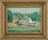 Charles Bayley Cook, Low Tide, Oil on canvas scene shows several dockside buildings with dock next to water. The water has receded in low tide