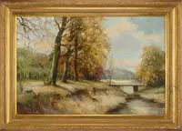 Bergsma, The Wooden Bridge, Oil on canvas scene shows a small brook running under a wood bridge. The banks lined with tall trees in colorful foliage