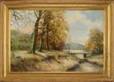 Bergsma, The Wooden Bridge, Oil on canvas scene shows a small brook running under a wood bridge. The banks lined with tall trees in colorful foliage
