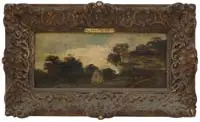 Karl Daubigny, Landscape with House, Oil on wood panel shows a house nestled amongst trees under white cloud and blue sky