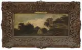 Karl Daubigny, Landscape with House, Oil on wood panel shows a house nestled amongst trees under white cloud and blue sky