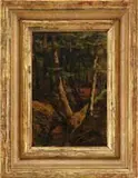 Jan Willem van Borselen, Deep Woods, Oil on canvas laid on wood panel. Forest scene shows a gully lined with trees in green foliage