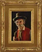Wilhelm Klein, Portrait of a Man with Mustache and Pipe, Oil on wood panel portrait shows a mustached gentleman with hat and pipe