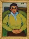 The Yellow Shirt by Ernst Ludwig Kirchner, Oil on canvas half portrait of a seated woman wearing a yellow shirt with a bluish/white scarf. Hands clasped in lap, sold Feb 2007