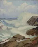 Monterey Coastline by Franz Bischoff, Oil on canvas coastal scene shows a large wave crashing against rocks. Blue and cloud sky, sold Feb 2007