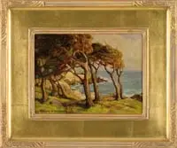 Franz Bischoff, Untitled, CALIFORNIA COAST. Oil on board coastal scene shows a group of wind swept trees on grass overlooking rocky shoreline
