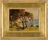 Untitled by Franz Bischoff, CALIFORNIA COAST. Oil on board coastal scene shows a group of wind swept trees on grass overlooking rocky shoreline, sold Feb 2007