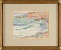 William A. Gaw, California Coastline, Watercolor pointillist scene shows the California coast with high cliffs and mountains with colorful ocean