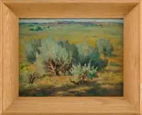 Albert Leroy Groll, Arizona Desert Scene, Oil on board scene shows several scrub bushes on a grass and sand covered desert floor, one with bright yellow blossoms