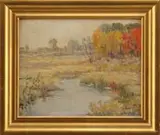 Henry Hammond Ahl, On Miles River, Hamilton, Oil on board fall scene shows a small river winding through field lined with colorful large trees