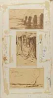 Albert Leroy Groll, Three Western Sketches, Postcard size pen and ink drawings, all mounted on the same white board. 1)