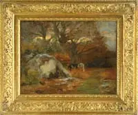 Frederick Arthur Bridgman, Cows in a Wooded Pasture, Oil on canvas depicting two cattle in a wooded pasture with large boulder in the forefront