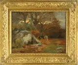 Frederick Arthur Bridgman, Cows in a Wooded Pasture, Oil on canvas depicting two cattle in a wooded pasture with large boulder in the forefront