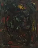 Toshimitsu Imai, Drip Abstract, Oil on canvas scene has a mottled colored background with a black drip pattern