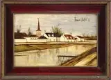Bernard Buffet, Village Au Bord De L’Eau 61, Oil on board scene shows white stucco buildings in front of a canal under light blue and white sky