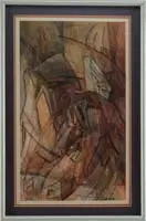 Marcel Duchamp, Abstract, Mixed media abstract scene with geometric design with colors of red, yellow, blues and grays