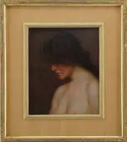 Will Rowland Davis, Pensive Woman, Oil on canvas laid on cardboard. Portrait of a nude young woman with long brown hair against a dark brown background