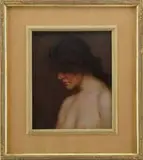 Will Rowland Davis, Pensive Woman, Oil on canvas laid on cardboard. Portrait of a nude young woman with long brown hair against a dark brown background