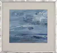 Ruben Tam, Abstract Monhegan Scene, Watercolor abstract scene in colors of gray, pink, blue and white