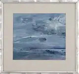 Ruben Tam, Abstract Monhegan Scene, Watercolor abstract scene in colors of gray, pink, blue and white