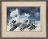 Vincent Andrew Hartgen, Coastal Spray in Winter, Watercolor scene shows a wave crashing over rocks partially covered with snow