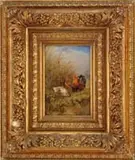 Julius Scheuerer, Chickens in a Field, Fine oil on wood panel shows a small group of chickens at edge of field with colorful flowers and grasses