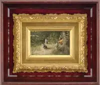 Paul E. Harney, Jr., Feeding Chickens, Oil on canvas laid on board scene shows five chickens in a sunlit grassy spot next to fence and woods