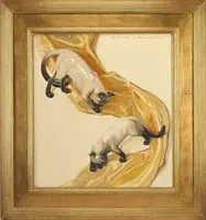 Kenneth Stevens MacIntire, Siamese Cats, Oil on canvas scene shows two Siamese cats walking down gold fabric
