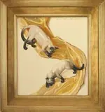 Kenneth Stevens MacIntire, Siamese Cats, Oil on canvas scene shows two Siamese cats walking down gold fabric