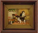 Julius Anton Adam, Playful Kittens, Oil on board scene shows three striped black and white kittens, two next to green bowl and the other on a doorstep