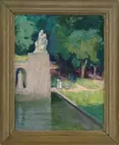 Nancy Christine Jones Love, The Lower Wall, Fontainebleau, Oil on board shows several people walking on garden paths near reflecting pool with sculptures and trees