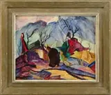 Jacques La Grange van Huyzen, Abstract Figures in Landscape, Oil on masonite abstract scene shows several figures under large mountain with barn