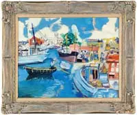 Marseille Harbor by Albert André, Oil on masonite colorful scene shows a harbor with boats and people on a crowded dock under blue and white sky, sold Feb 2007