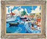 Albert André, Marseille Harbor, Oil on masonite colorful scene shows a harbor with boats and people on a crowded dock under blue and white sky
