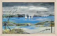 Alfred Birdsey, Sailing Days, Oil on masonite scene shows sailboats on blue water with land in foreground, water and hills in the background