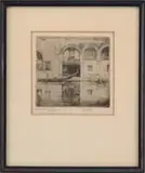 Ernest D. Roth, Traghetto, Venice, Etching scene shows a gondola in front of a series of arched porch entries in Venice