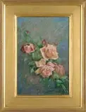 George Albert Wood, Still Life of Roses, Oil on board still life scene of pink roses with red buds against a pastel blue and green background
