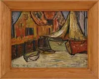 Gilberto Perez, Harbor Scene, Oil on masonite primitive scene shows sailboats and dinghy’s moored along side wharf with buildings