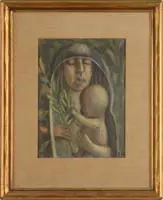 Benjamin Dusanovich Kosich, Untitled, MOTHER AND CHILD. Oil on board scene shows a mother and child against a backdrop of green leaves and orange flowers