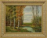 B. Lambert, River Through the Woods, Fall oil on board scene shows a small calm river lined with tall trees in a late fall setting