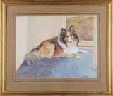 M. Alizon Edmunds, The Laird, Fine watercolor of a reclining Collie dog on blue tile floor