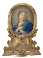 Unsigned, Madonna, Pastel type painting of a Madonna with crossed hands on chest has long flowing hair and blue robe