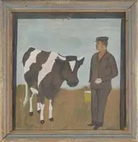 The Milk Man by F W Ingraham, Oil on plaster wallboard shows a man with bucket standing next to a black and white dairy cow, sold Feb 2007