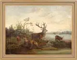 Unsigned, Elk in Landscape, Oil on canvas scene shows a family of elk on the edge of a lake with ducks flying overhead under a setting sun